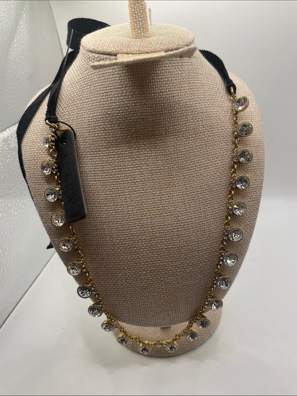 J. Crew Brass Gold Plated Necklace With Crystals and Black Ribbon Tie. Signed - Picture 3 of 7